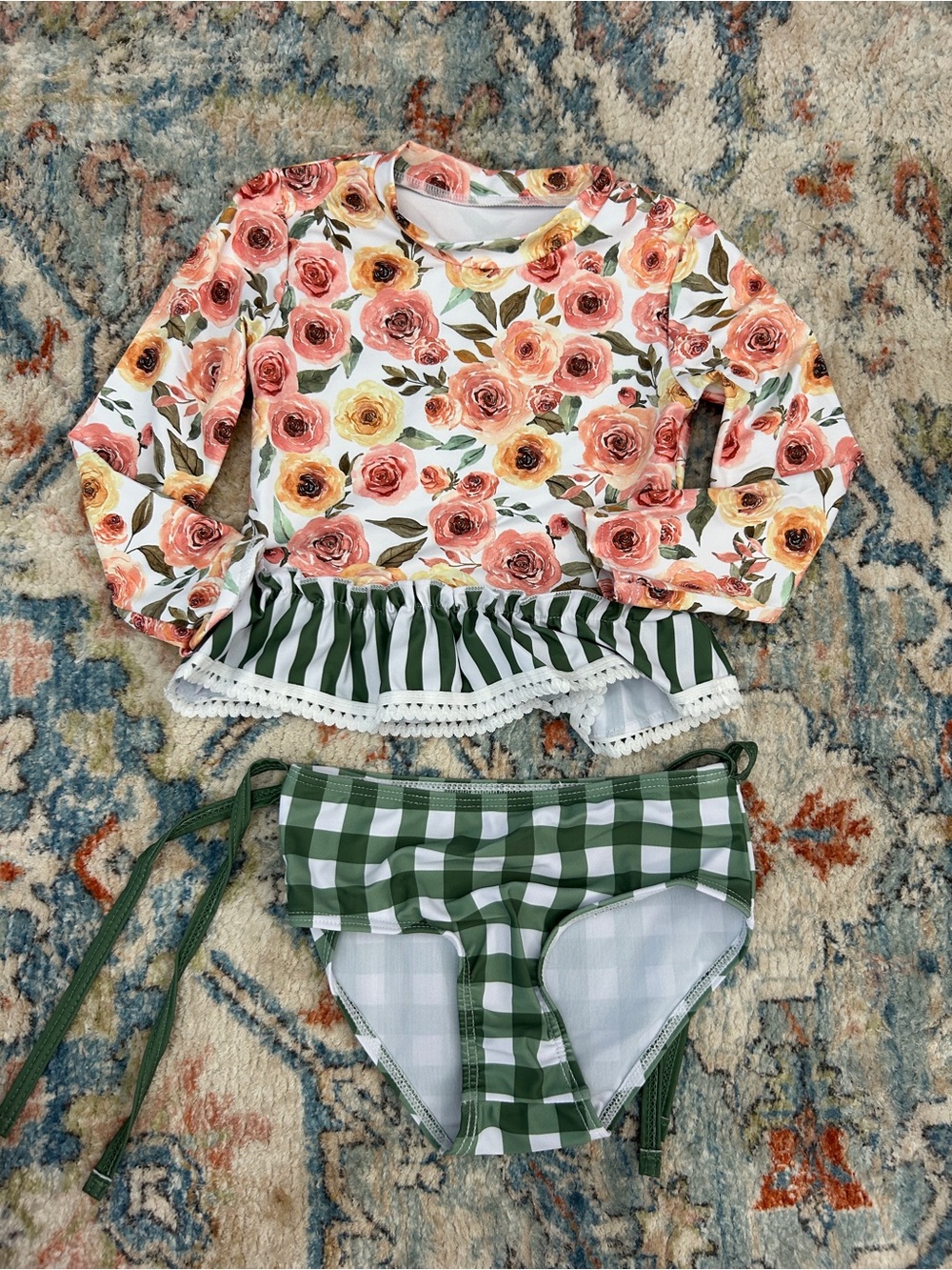 Girls Floral Rash Guard Set with Green Gingham Bottoms